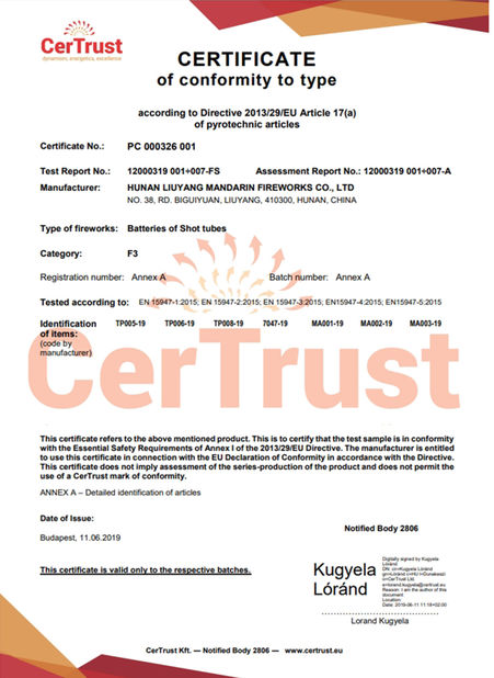 China Liuyang Mandarin Fireworks Co., Ltd. Certificações