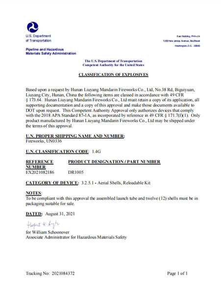 China Liuyang Mandarin Fireworks Co., Ltd. Certificações